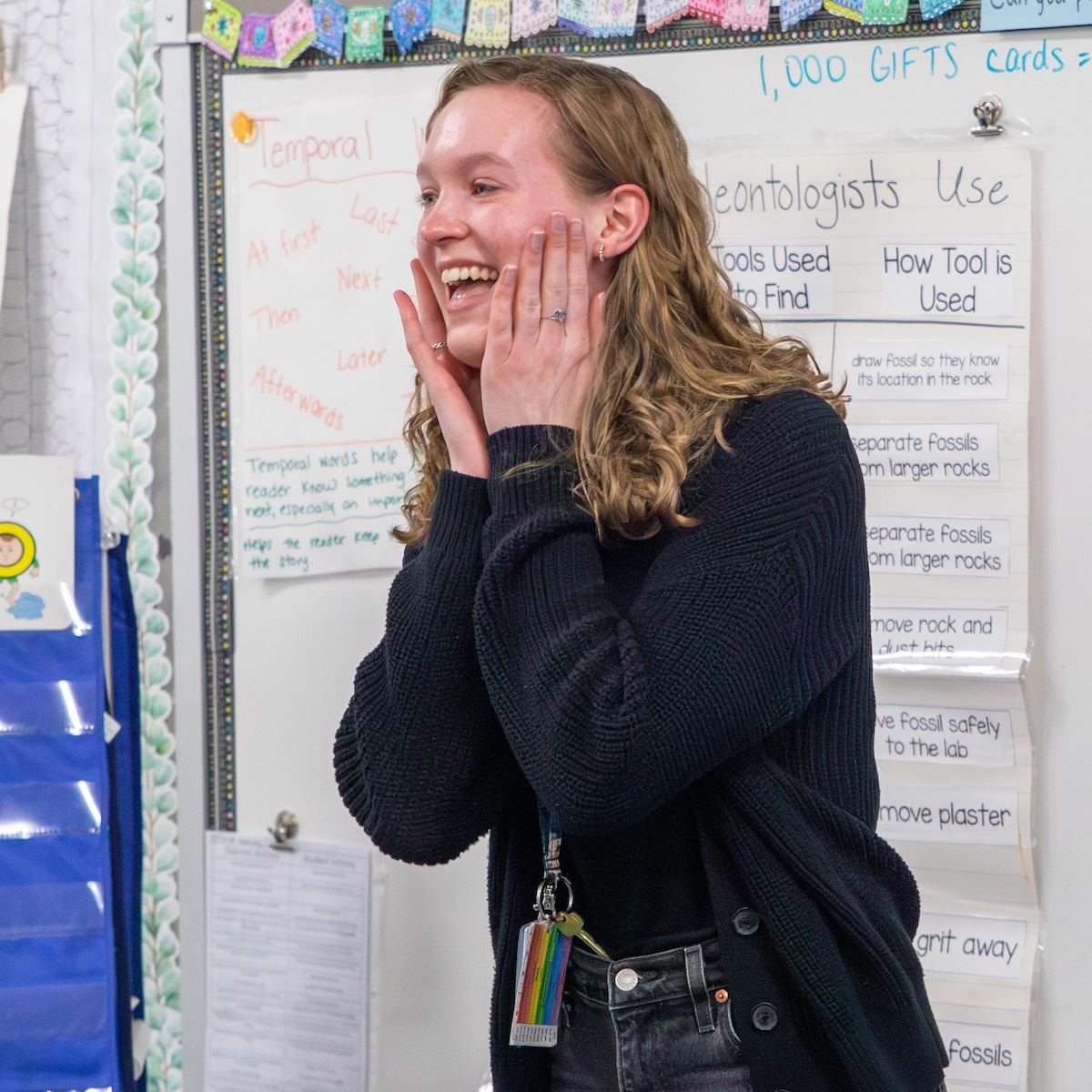  Second grade teacher Olivia Denbo is shocked to receive an award